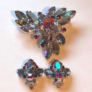 Vintage Aurora Borealis Red Grey Rhinestone Brooch and Clip On's